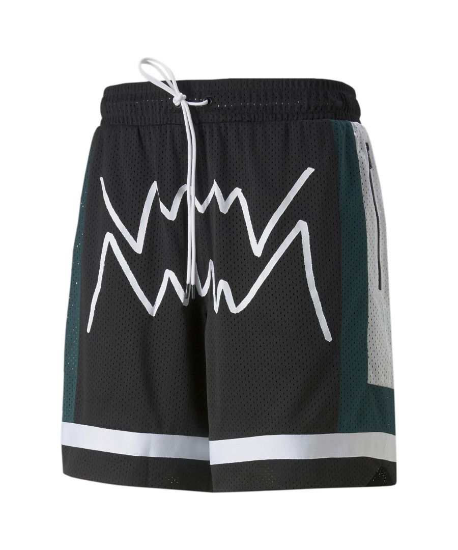 PRODUCT STORY Rock a fierce look in these stand-out basketball shorts. The breathable mesh fabric is enhanced with dryCELL moisture-wicking technology for fresh, comfortable wear, while a handy zip pocket means you can stash your stuff conveniently and safely. They’re topped off with a bold graphic print across the front for an unforgettable look. FEATURES & BENEFITS : dryCELL: Performance technology designed to wick moisture from the body and keep you free of sweat during exercise Recycled Content: Made with at least 20% recycled material as a step toward a better future DETAILS : Regular fit Zip pocket for storage Elastic waist with drawcord for an adjustable fit Graphic print across front