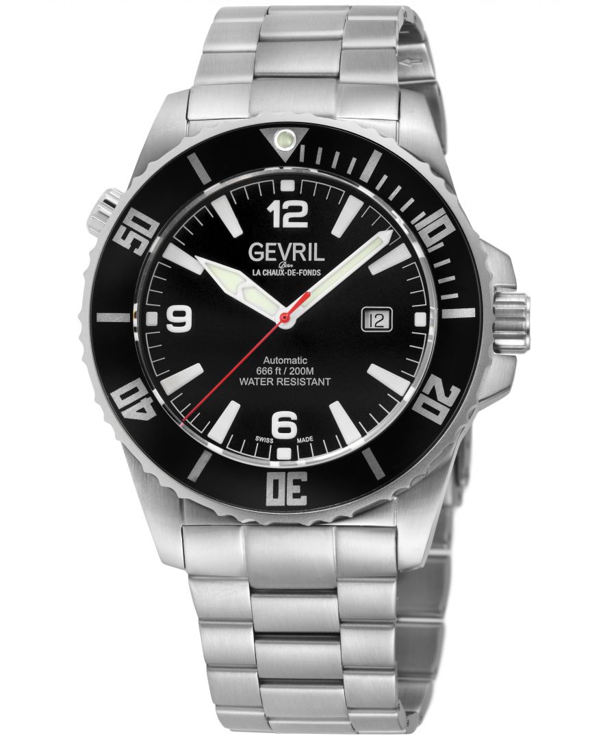 As adventurous as its namesake, the Canal Street Collection by Gevril captures the energy of this bold, buzzing New York City street in a new signature series of watches. Downtown Manhattan is as known for the enduring high fashion as it is for edgy street style. Balanced between the hip Chelsea neighborhood and upscale SoHo, no thoroughfare represents this juxtaposition better than the bustling Canal Street. In this series of diver watches by Gevril, luxe details, precision design, and robust styling combine, featuring precision Swiss Automatic movement.\n\nGevril 46600B Men's Canal St. Automatic Diver Watch\n\nGevril Men's Automatic Watch from the Canal St. Collection\n46mm Black Stainless Steel Case, Blue Bezel, Blue dial, Date at 3 o'clock\nCase back 4 screws, Polished Bezel, Satin Case\nHelium release screw down crown\n\n316L Stainless Steel IPBK Bracelet With Deployment Buckle\nAnti-reflective Sapphire Crystal\nWater Resistant to 300 Meters/30ATM\nSwiss Automatic 3 Hands, Sellita SW200 Movement