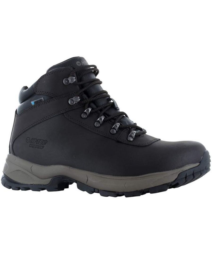 The Eurotrek Lite Waterproof walking boots for men are ideal for light hiking.\n- Leather upper for durability and comfort\n- Dri-Tec waterproof, breathable membrane keeps feet dry\n- Durable rustproof hardwearing lacing system creates a snug, secure fit\n- Removable moulded EVA footbed delivers underfoot cushioning\n- Compression-moulded EVA midsole with shank for ultimate cushioning\n- MDT rubber outsole improves grip and provides durability