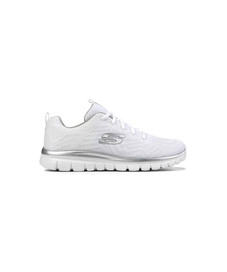 Women's White Sketchers Grateful Trainers With Silver S Logo On Side, Matching Laces, And Detailing. Made From Breathable, Engineered Knit Nylon, With A Comfy Memory Foam Footbed And Rubber Sole, These Ladies Lace-up Running Shoes Are Perfect For Those On The Go.