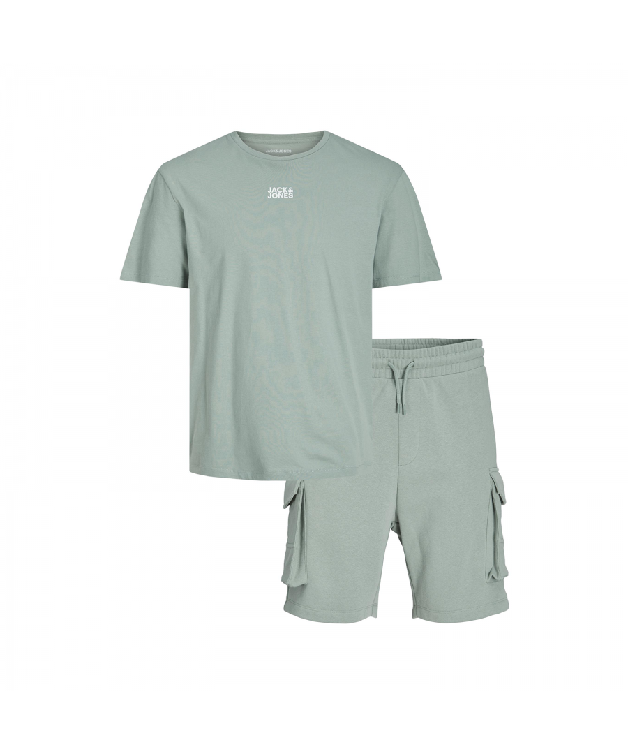 The loungewear set from Jack & Jones comes in Slate Gray colour. The basic T-shirt comes with a printed logo on the chest and a straight hem. The shorts sport a branded elasticated waistband, pockets, and a logo on the front.\n\nFeatures:\nRegular fit loungewear set\nRound neck & short sleeve tee\nElasticated waistband on shorts\nPigment print for a soft print on lighter fabrics\n\nSpecifications:\nMaterial: 100% Cotton\nProduct Code: 12239368\nWashing Instructions:\nIron at low temperature\nProfessional wet-cleaning\nMachine wash at max 40°C under gentle wash\nNotes: Do not bleach, Do not dry clean\n\nPackage Includes: Jack & Jones Men's Loungewear Tee & Short Set, Slate Gray (Select Size From Dropdown)