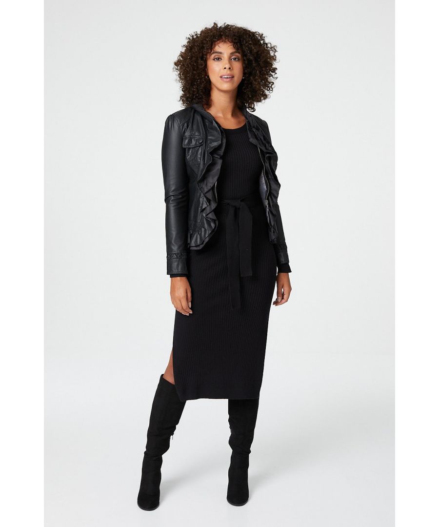 Add a statement making faux leather jacket to your closet with this frilled detail front style. With a zip front v-neck, long sleeves, slim tailored fit sitting at the hips. Layer over a knitted bodycon dress and knee high boots for a chic day to night look.