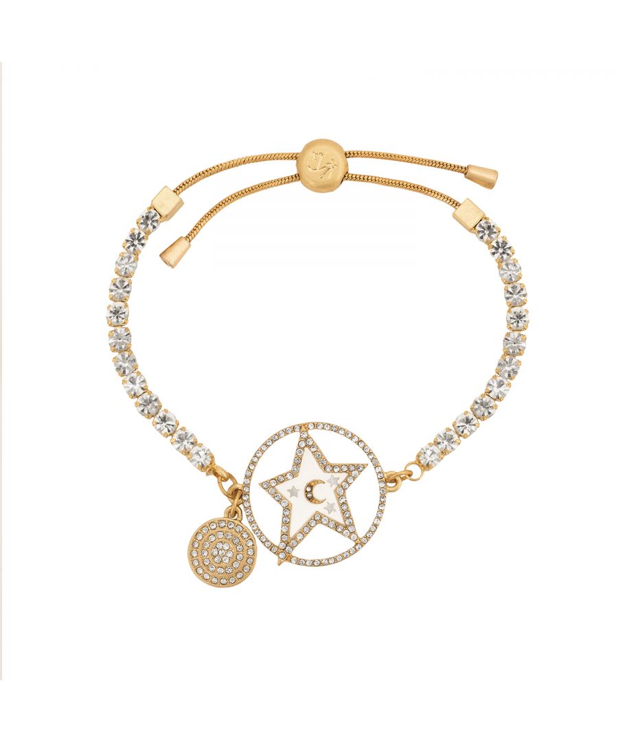 The Crystal Star and Moon bracelet is far from your average friendship bracelet! It's gold tone plated and comes adorned with a sparkling star charm, complete with subtle celestial star and crescent moon details and a hanging circular charm with blue gems surrounding sparkling clear stones. This piece is 25cm in length with an adjustable slider fastening and is perfect for dressing up your outfit night or day. It also makes a perfect affordable jewellery gift for a friend who's been a real star this year! Presented in a Ktx jewellery pouch to keep safe or make the perfect gift!