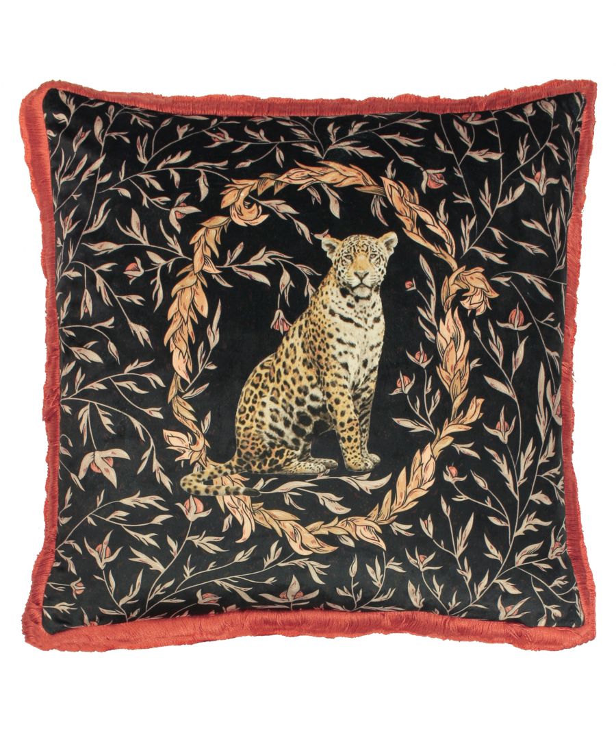Paoletti Kitraya Fringed Leopard Velvet Cushion Cover - Orange - One Size