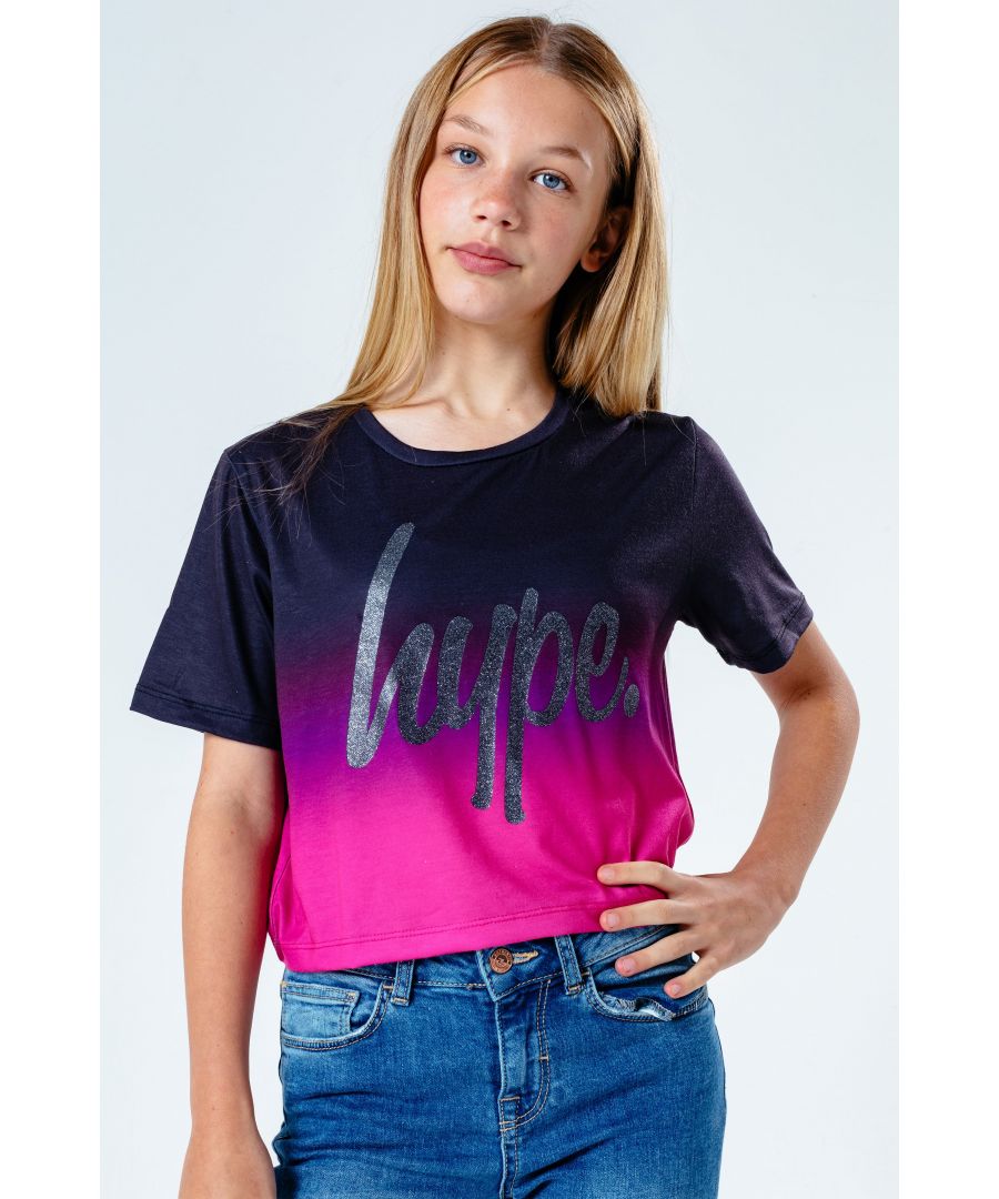 Update your 'drobe with the Hype. intensity fade girls crop t-shirt. Designed in a black and purple colour palette in a 95% polyester and 5% cotton fabric base for supreme comfort in our standard crop t-shirt shape, highlighting a crew neck line and short sleeves. Finished with the iconic HYPE. script logo. Wear with cycle shorts for an on-trend look. Machine wash at 30 degrees.