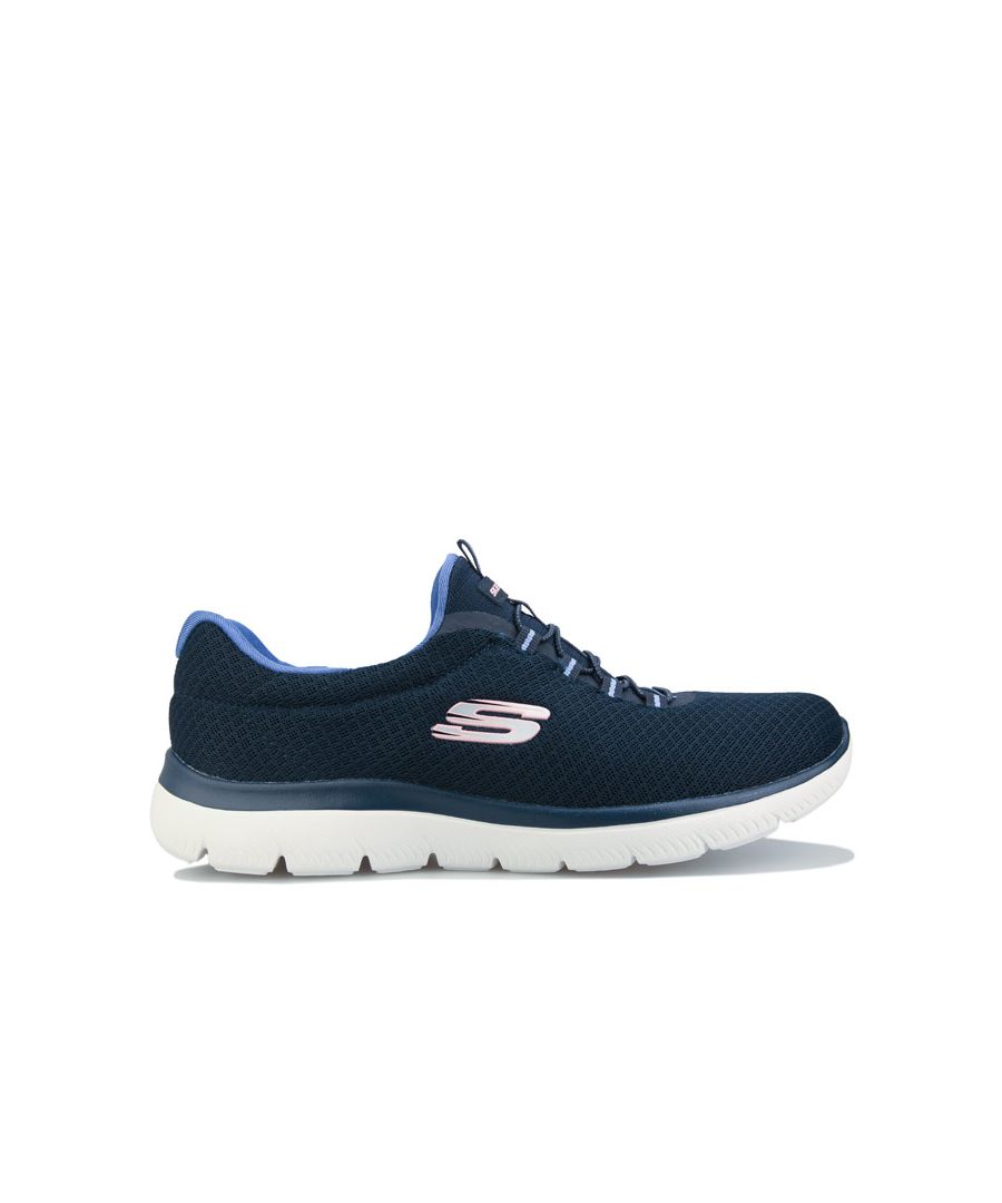 Womens Skechers Summits Trainers in navy - light blue.<BR><BR>- Textile upper.<BR>- Bungee lace up athletic training sneaker.<BR>- Flat knit mesh fabric upper in an almost seamless design.<BR>- Bungee lace design for easy slip on fit.<BR>- Side S logo and Skechers branding to tongue.<BR>- Soft fabric lining.<BR>- Memory Foam cushioned comfort insole.<BR>- Shock absorbing lightweight flexible midsole.<BR>- Flexible traction outsole.<BR>- Textile and synthetic upper  Textile lining  Synthetic sole.<BR>- Ref: 12980NVLB