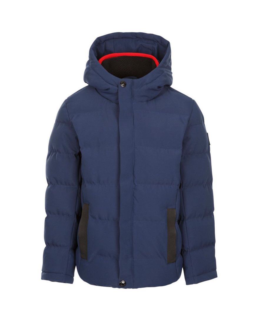 Outer Materials: 100% Polyester. Shell: TPU Membrane. Lining Material: 100% Polyester. Filling Material: 100% Polyester. Fabric: Woven. Design: Badge, Plain, Quilted. Elasticated, Knitted Collar, Side Panels. Fabric Technology: Waterproof, Windproof. Neckline: Hooded, Standing Collar. Sleeve-Type: Long-Sleeved. Hood Features: Grown On Hood. Pockets: 2 Zip Pockets. Fastening: Snap Closure, Zip. Waterproof Rating: 3000mm.