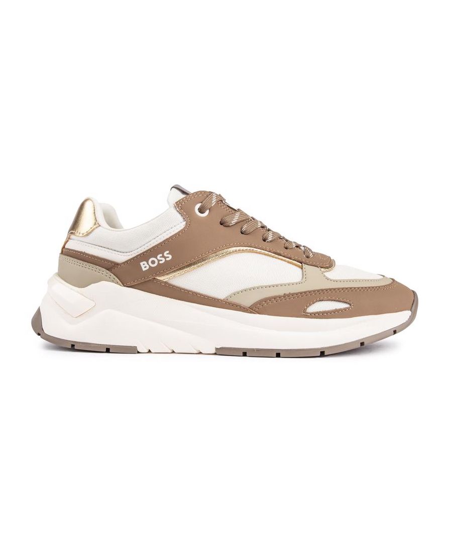The Beige And White Boss Skylar Trainer Is A Versatile, Sporty Running Shoe With A Clean Design. The Contemporary Designer Shoe Features A Premium Leather And Nylon Upper With Fine White And Golden Accents, Blind Eyelets And Subtle Signature Boss Branding. The Eva Sole, Padding And Ortholite Innersole Provide A Smooth And Comfortable Run. Built For The Urban Jungle, The Gym And Daily Errands, These Lightweight Women's Trainers Don't Fail To Impress.