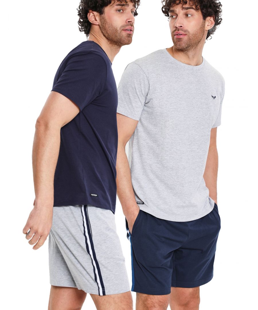 This twin pack from Threadbare comprises of two pairs of lounge shorts with side pockets and ribbed elasticated waistbands and branded drawcords. They feature stylish contrast colour stripes down the side for that sporty feel. Made in a super soft, cotton-blend jersey for comfort and easy care.