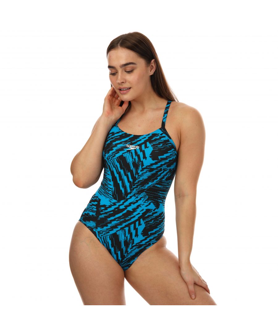 Speedo Womenss Allover Fixed Crossback Swimsuit in black blue - Size 6 UK