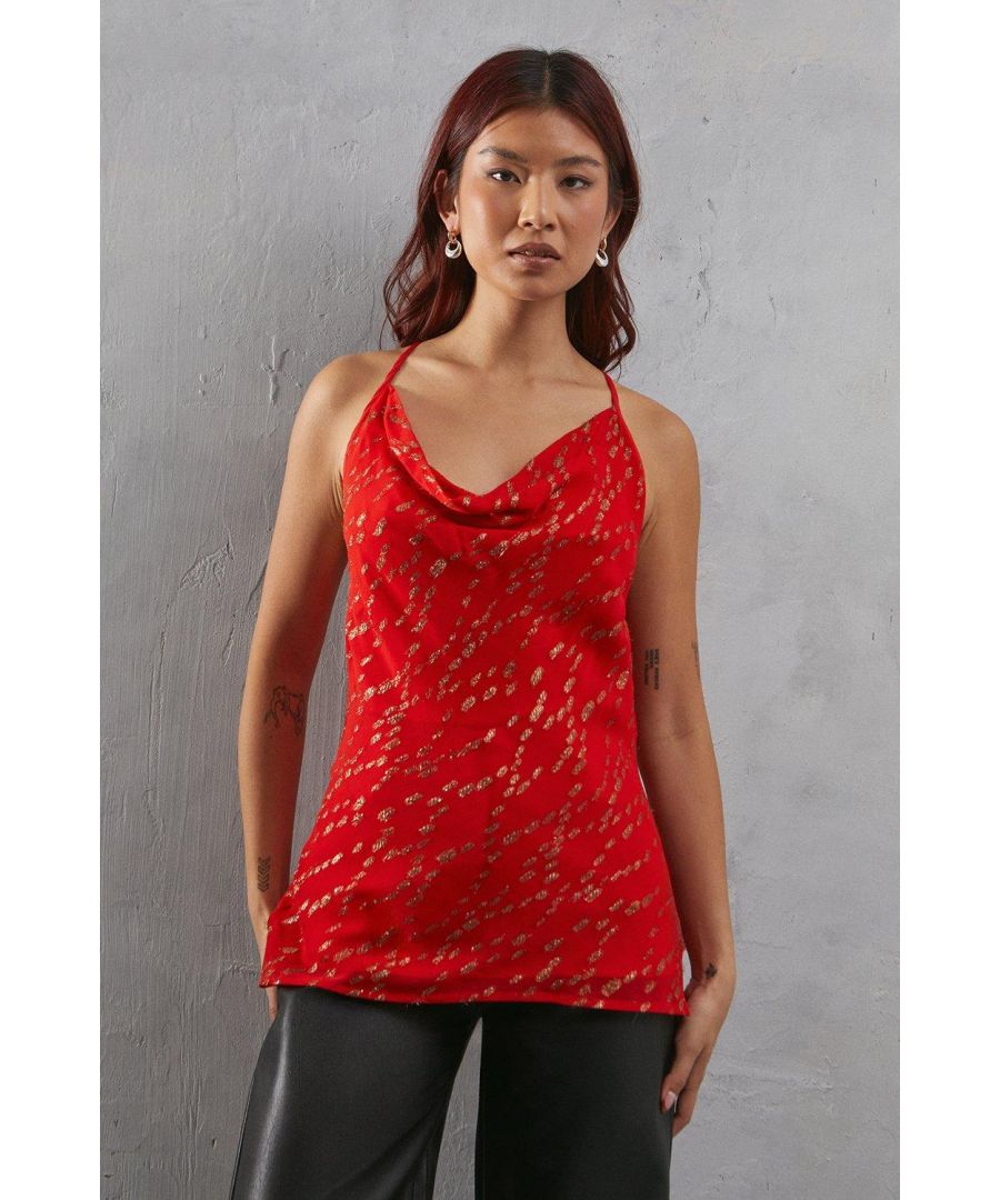 Warehouse Womens Metallic Chiffon Cowl Neck Strappy Cami - Coral Viscose - Size 8 UK