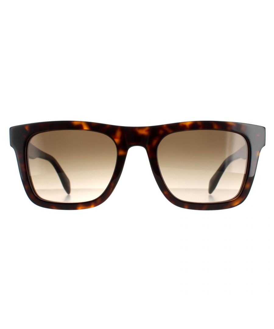 Alexander McQueen Square Mens Dark Havana Brown Gradient AM0301S  Sunglasses are a classic square style crafted from lightweight acetate. The Alexander McQueen logo features on the temples for brand authenticity.