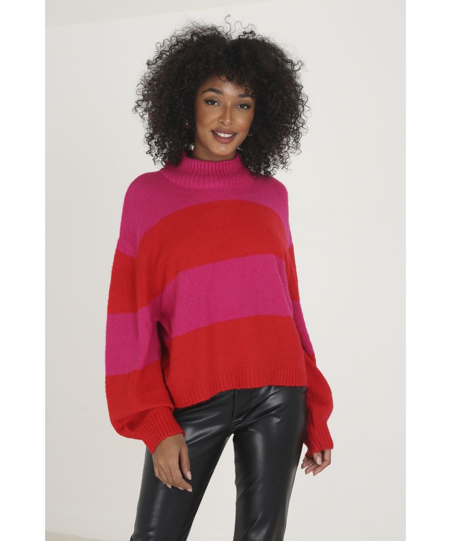 Brave Soul Womens Red 'Mollie' Crew Neck Striped Jumper With Balloon Sleeves - Size X-Small