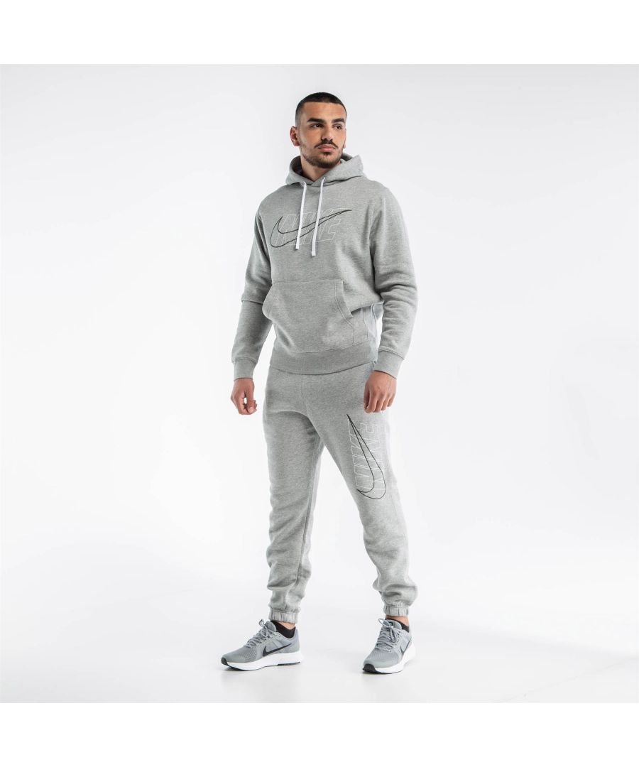 Nike Mens Club Tracksuit Set In Grey.   \nDrawstring Hoodie With Pouch Pocket.  \nOverhead Design.  \nNike Logo Print and Swoosh Embroidery on the Left Leg.  \nFitted Trims.  \nElasticated Waist Matching Joggers.   \nSide Pockets, Fitted Cuffs.