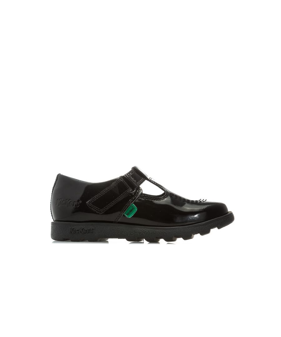Infant Girls Kickers Fragma T-Bar Patent Shoes in Black<BR><BR>- Hook and loop strap fastening<BR>- Shiny patent leather upper<BR>- Classic triple stitch detail<BR>- Iconic red and green logo tabs<BR>- Ridged rubber sole for traction and durability<BR>- Embossed branding to side<BR>- Leather Upper  Textile Lining  Synthetic Sole<BR>- Ref: 115178