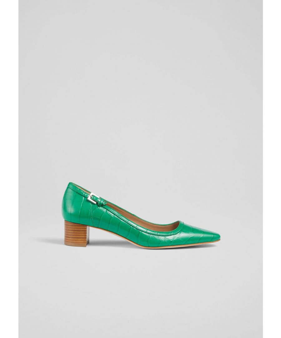 A chic, low-heeled court is an essential style in any shoe collection, and our new Amelia courts have a fun Sixties' feel to them. Crafted in Spain from elegant, croc-effect leather in emerald green, they have a squared-off toe, a sleek shape, Sixties-style side buckle detail and a low, block stacked heel. Wear them as an alternative to a flat when you need to elevate things a little.