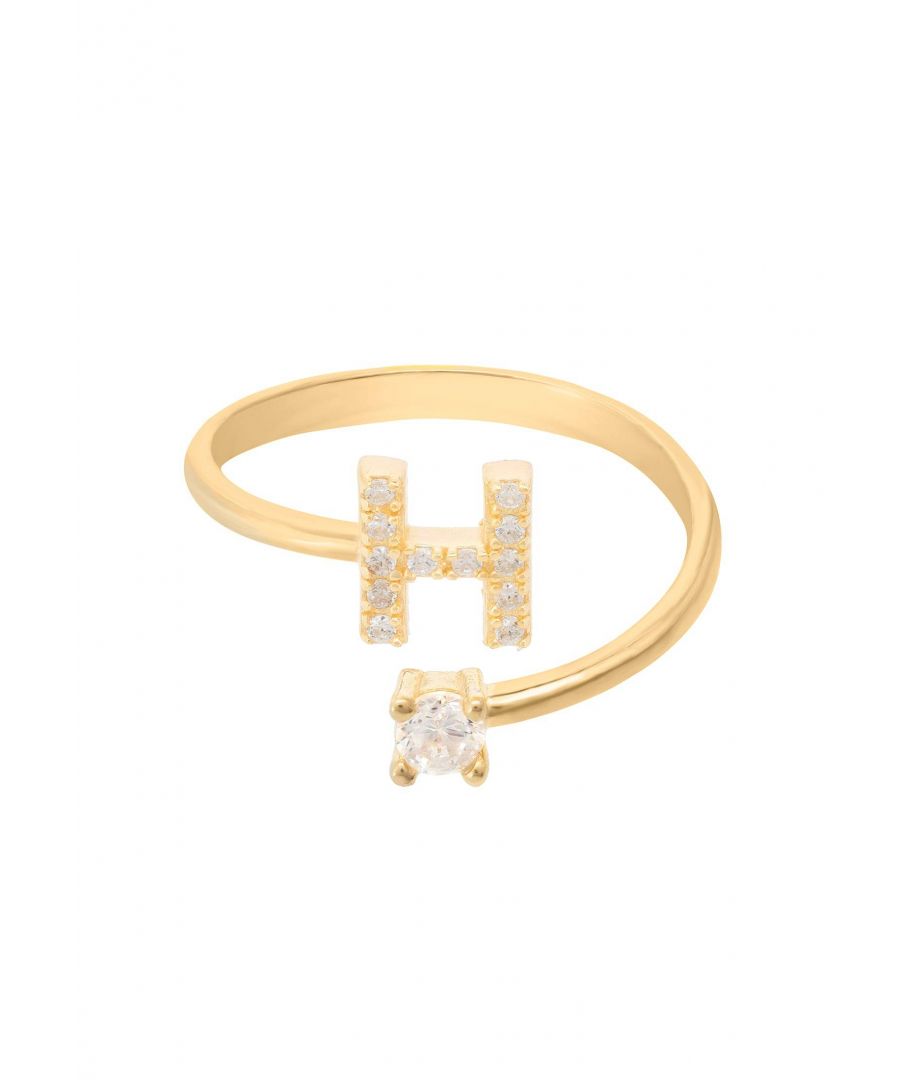 Design:This simple but beautifully styled initial letter ring is perfect for those who covet delicate jewellery with a hint of sparkle offering a sophisticated finishing touch to any outfit.Pretty and petite, this initial ring features an open band, which allows for slight adjustability with sizing. The opening is designed to be on top of your finger, where your zircon adorned monogram is on one side and a single larger cubic zirconia resides on the other.What can be more personal than a name? Give this initial ring as the perfect personalised birthday gift.This ring is made as an average size 6 (M) with a small amount of flexibility, that can easily be squeezed or opened very gently, to allow for a better fit.This ring looks great stacked with other rings.  Materials:Handcrafted using 925 sterling silver, dipped in 22ct gold. White cubic zirconia.Style Notes:Personalised birthday gift ideas. Bridesmaid gifts. Simple everyday styling.Dimensions:One size only (average size 6 (M) with slight flexibility)Packaging:This item is presented in a Latelita London signature jewellery box.Care Instructions:To maintain your jewellery, wipe gently with a damp cloth that is soft and clean. Do not soak in water. Avoid contact with soaps, detergents, perfume or hair spray.