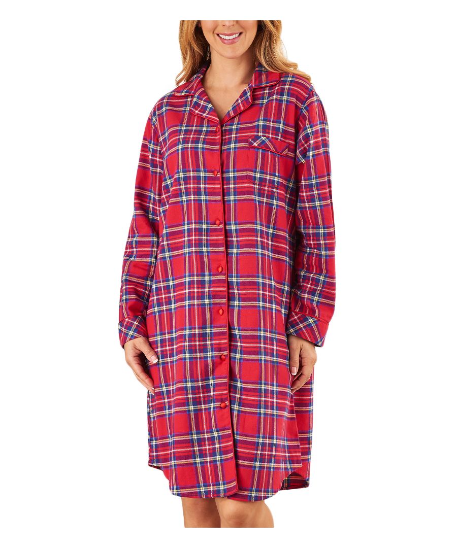 A Stunning Yarn Dyed Tartan Nightshirt. The shirt is a button through, tailored style with curved hem, with a breast pocket to left side. Satin piping on cuff and collar with satin covered buttons. 40