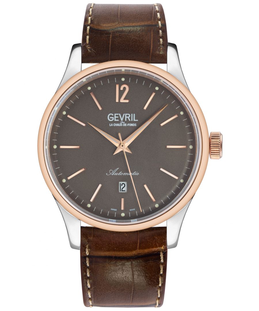 Timepieces inspired by the City That Never Sleeps. Designed with the ever-evolving yet iconic architectural landscape of New York in mind, The Five Points Collection by Gevril redefines heritage style with sleek detailing and Swiss-made, automatic movement.  Superior form meets ultimate function as each timepiece is water resistant up to 50 meters, and boasts a stainless steel polished bezel with a push pull crown. Sapphire domed, anti-glare crystal protects a striking dial, equipped with a calendar window and luminous external dots and hands. Track every tick with an exhibition case-back that features a visible rotor. The distinct bracelets and leather straps are available in a series of classic colorways, sure to complement any palette.\n\nGevril 4255A Men's Five Points Swiss Automatic Watch\n\nGevril Men's Swiss Automatic Men's Watch from the Five Points Collection\n44mm Round 316L Stainless Steel Case with Exhibition Case Back window\nCalendar window at 6H, Indices applied on a Brown dial with luminous external dots, luminous hands\nCase back 4 screws, Push Pull Crown, Polished Bezel, Brushed Case\nGenuine Italian Leather Strap with Tang Buckle\n\nAnti-reflective Sapphire Crystal\nWater Resistant to 50 Meters/5ATM\nSwiss Made Automatic, Sellita SW200 Movement