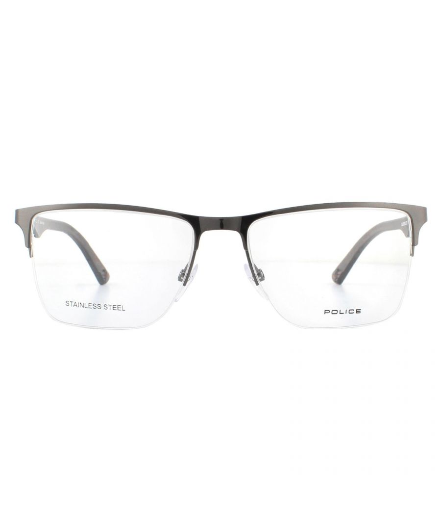 Police Glasses Frames Blackbird Light 3 VPL398M 0568 Shiny Gunmetal Men  are another semi-rimless metal style from Police with slightly winged temples and adjustable nose pads