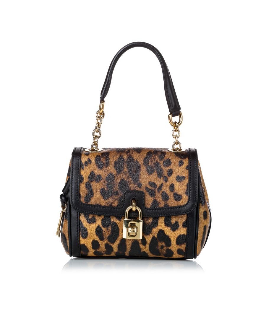 Image for Vintage Dolce&Gabbana Padlock Leopard Print Leather Satchel Brown