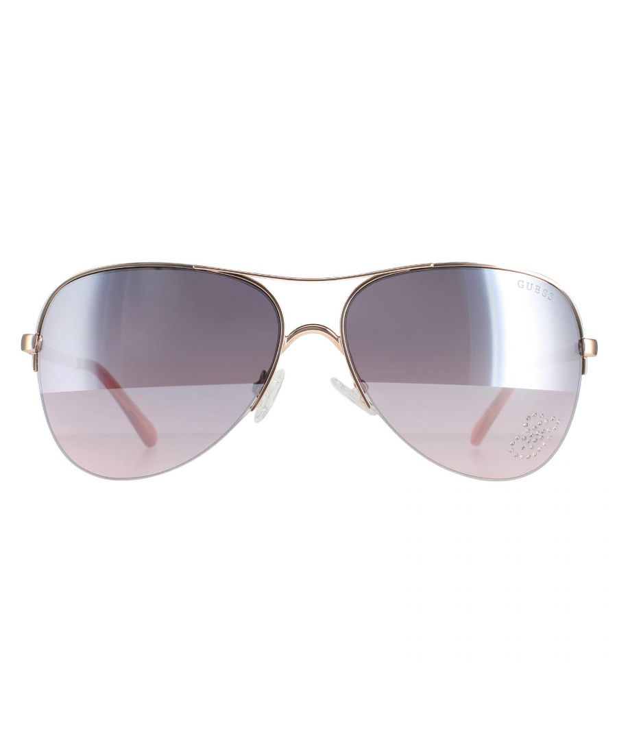 Guess Aviator Womens Shiny Rose Gold Grey Bordeaux GF6058  GF6058 are a stylish aviator design crafted from lightweight metal. The double bridge, silicone nose pads and plastic temple tips ensure all day comfort.  Sparkling diamante embellished temples feature Guess's branding for authenticity.
