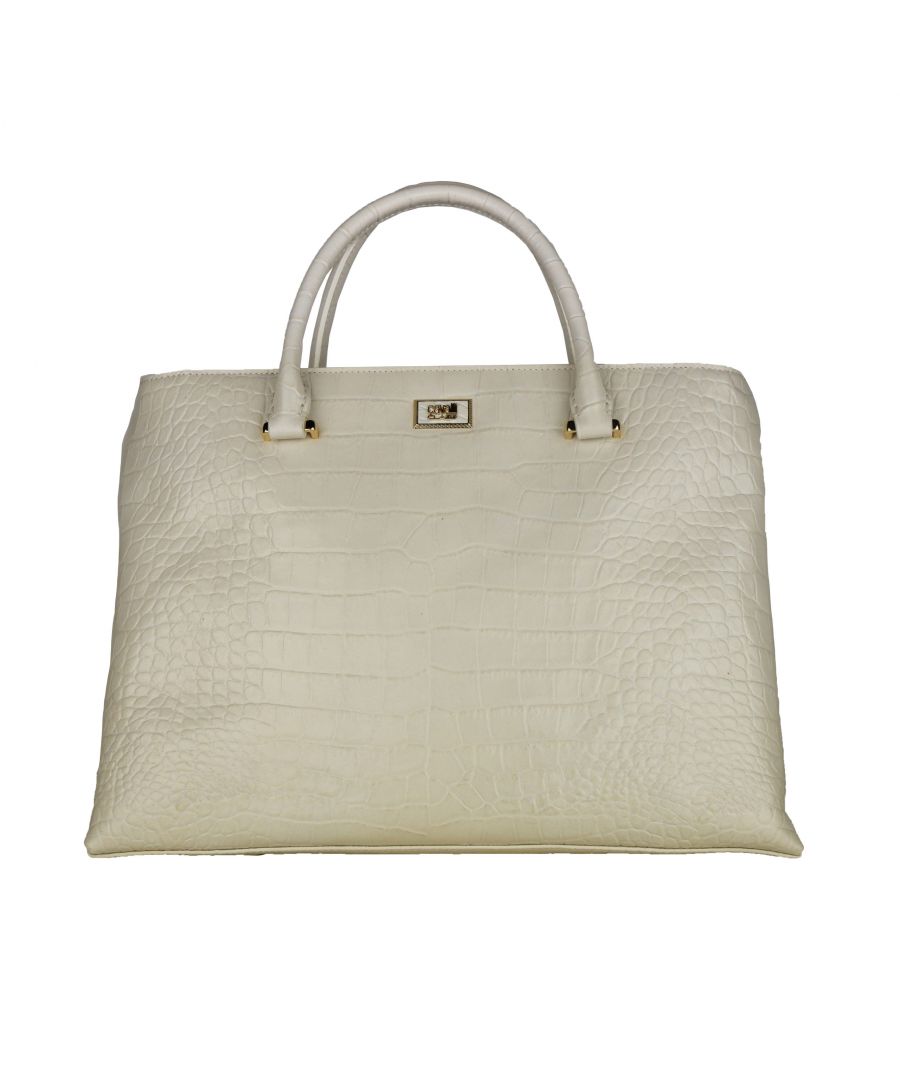 Roberto Cavalli Womens Class White Calf Leather Snake Texture Handbag - Off-White Calfskin - One Size