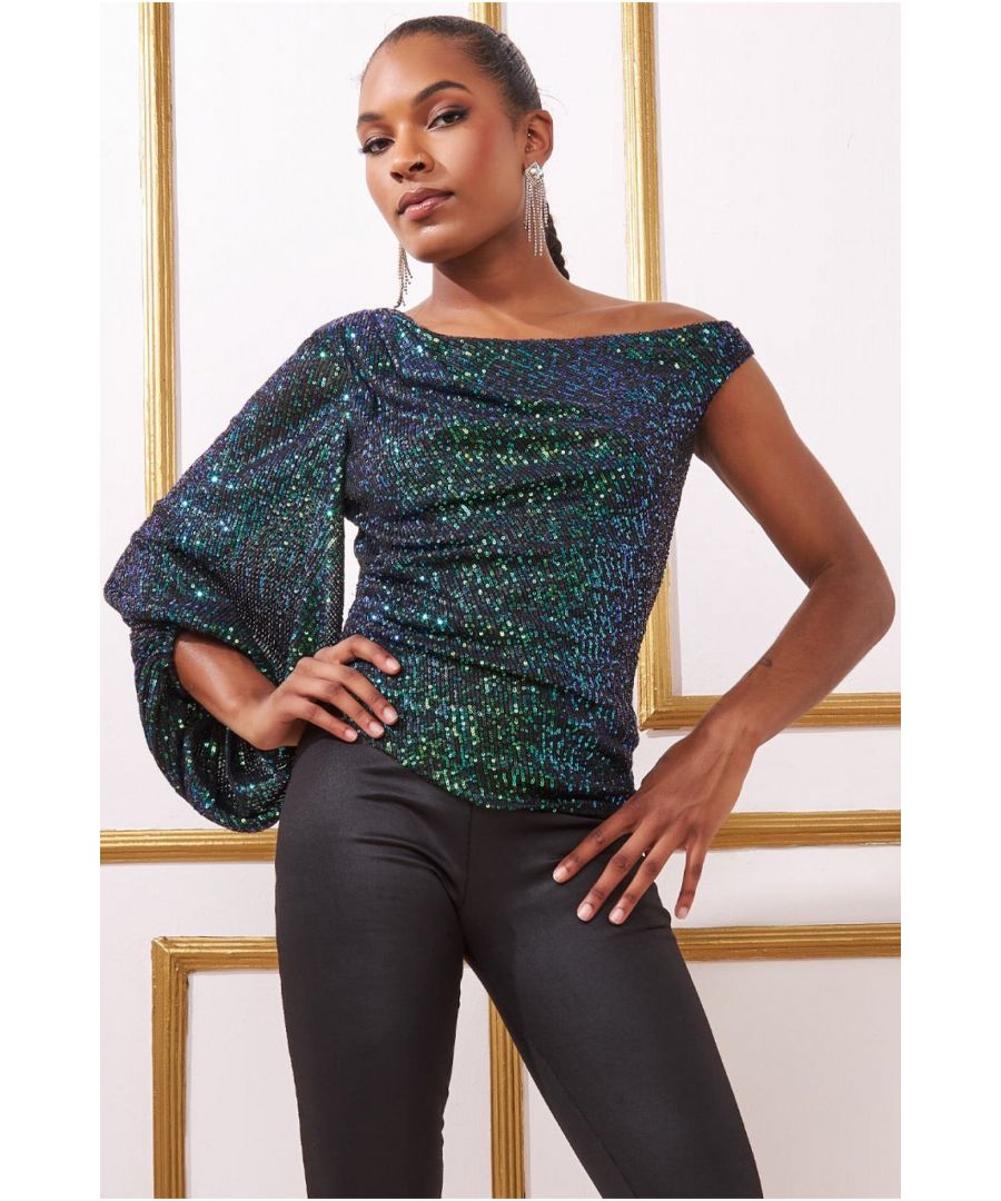 Goddiva Womens Asymmetric Sequin Balloon Sleeve Top - Emerald - Size 10 UK