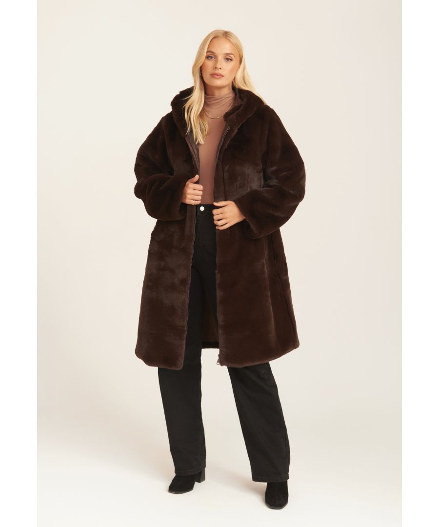 Gini London Womens Faux Fur Hooded Longline Coat - Chocolate - Size Small/Medium