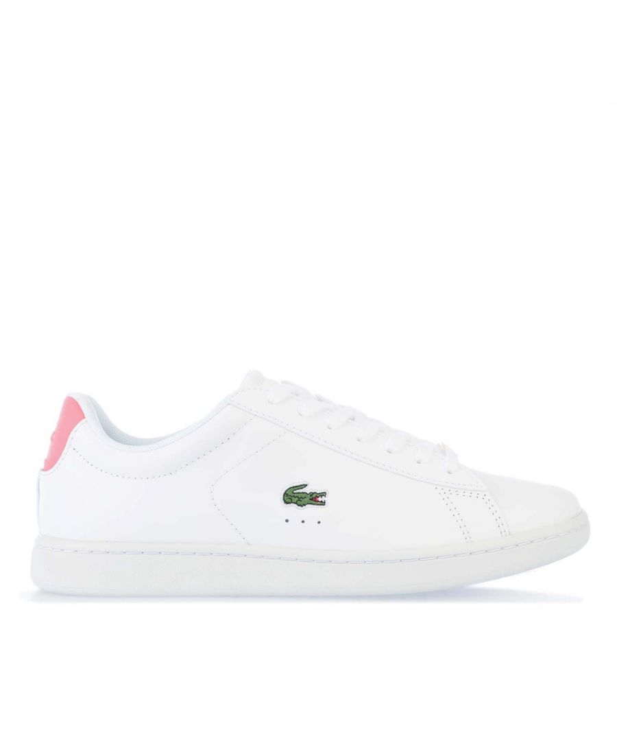 Womens Lacoste Carnaby Evo Trainers in white - pink.- Leather upper.- Lace up fastening.- Padded collar.- Lightly padded tongue.- Contrast tongue and heel tab.- Perforated Lacoste Croc logo to the side.- Grippy rubber outsole.- Leather upper  Textile lining.- Ref:742SFA00171T4