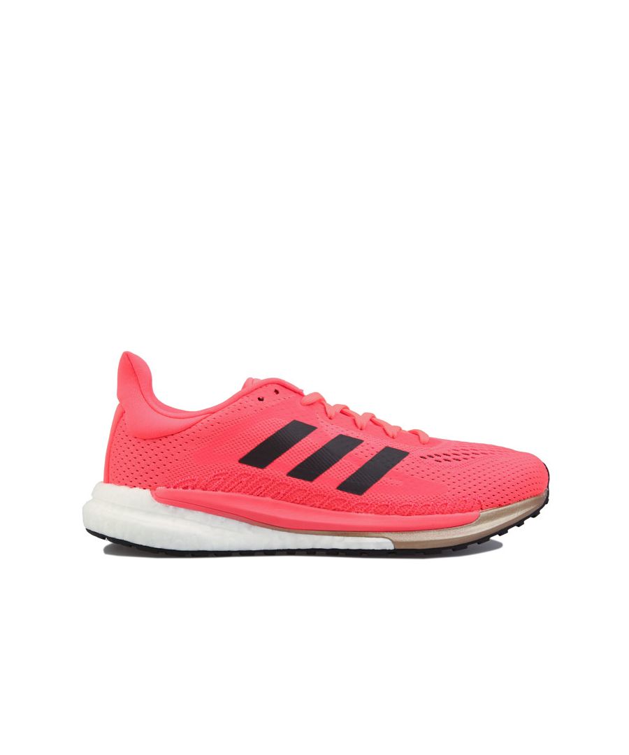 Womens adidas SolarGlide 3 Running Shoes in signal pink - core black - copper metallic.- Mesh upper.- Lace up fastening.- 3-Stripes to sides.  - Padded collar and tongue. - Comfortable textile lining. - Fitcounter heel for unrestricted fit.- Stable  responsive running shoes.- Responsive Boost midsole.- Stabilizing Torsion System.- Regular fit.- Textile and synthetic upper  Textile lining  Synthetic sole. - Ref: FV7258
