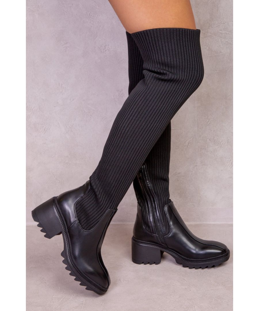 Women's chunky over the knee boot featuring a stretch knitted leg fit.