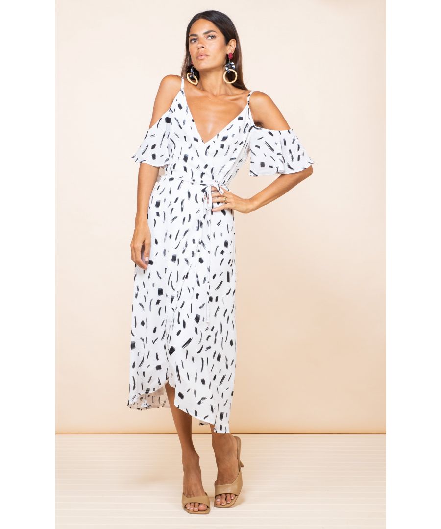 Midi length wrap dress with cold shoulder detail, adjustable straps and tie waist