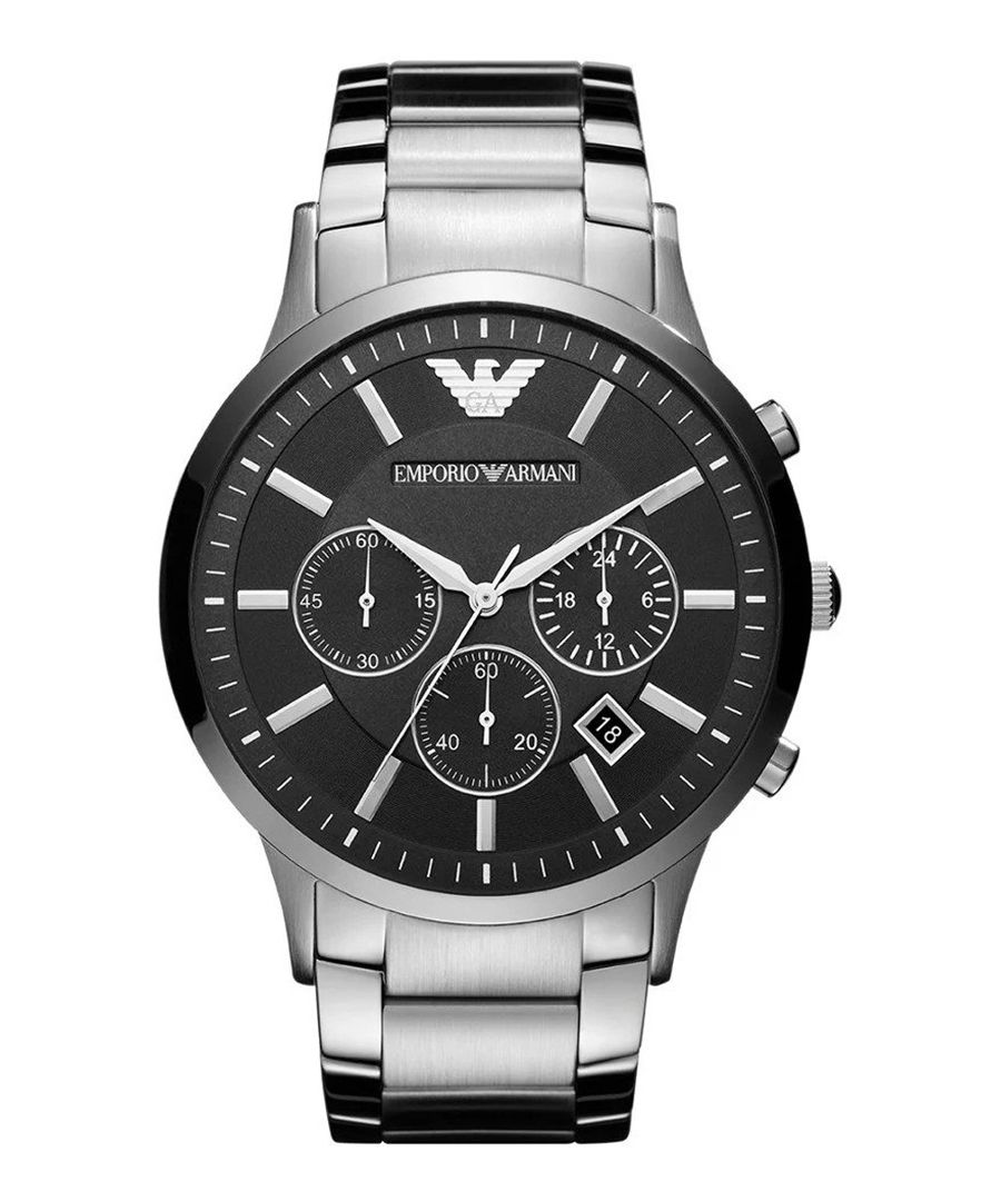 This Emporio Armani Renato Chronograph Watch for Men is the perfect timepiece to wear or to gift. It's Silver 46 mm Round case combined with the comfortable Silver Stainless steel watch band will ensure you enjoy this stunning timepiece without any compromise. Operated by a high quality Quartz movement and water resistant to 5 bars, your watch will keep ticking. This sporty and fashionable watch gives you a unique feeling in every outfit! -The watch has a calendar function: Date, Stop Watch, 24-hour Display High quality 21 cm length and 23 mm width Silver Stainless steel strap with a Deployment clasp Case diameter: 46 mm,case thickness: 12 mm, case colour: Silver and dial colour: Black