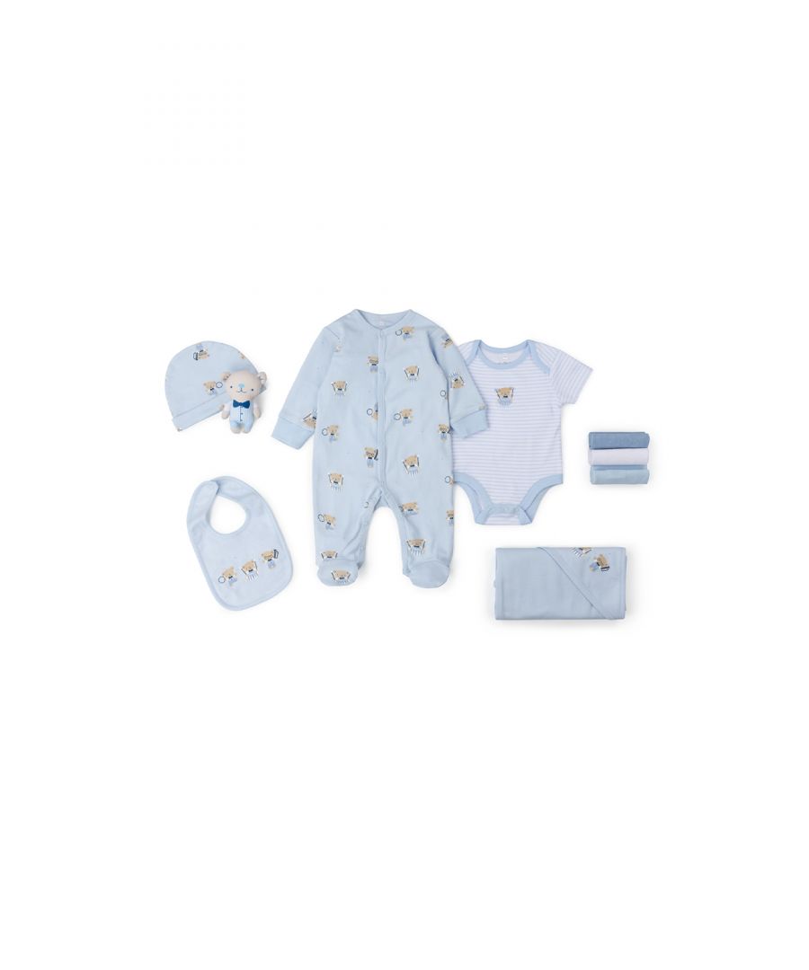 This Rock a Bye Baby Boutique ten-piece set features an adorable bear print on each item. The set includes footed sleepsuit with a bear print all over, a striped bodysuit, and hat, a hooded blanket, and a matching bib, a cuddly bear toy, and three washcloths. The set also comes with a matching gift tag, to add a personal touch. Each item in the set is cotton with popper fastenings, keeping your little one comfortable. This set is the perfect gift set for the little one in your life.