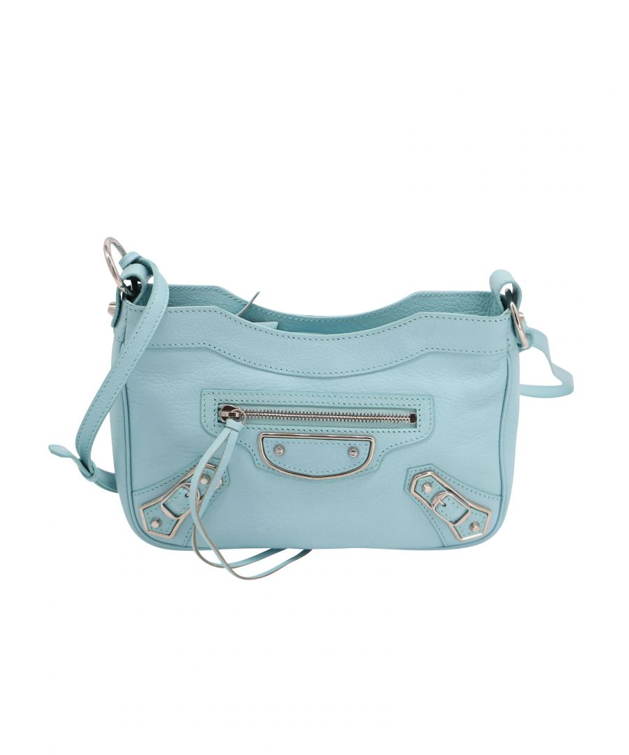 VINTAGE, RRP AS NEW\nThe subtle light blue hue of this Balenciaga bag is sure to win as much appreciation as the design. The compact bag made of leather featuring classic zip, buckle, and stud details on the front. The single compartment has a fabric lining, one zip pocket, and zip closure. The long shoulder strap makes it the perfect crossbody bag.\n\n\nBalenciaga Giant Hip Crossbody Bag in Light Blue Leather\nColor: blue | light blue\nMaterial: Leather\nCondition: very good\nSign of wear: light wear\nSKU: 147241 / NAPBKGBBA090508W  \nDimensions:  Length: 600 mm, Width: 500 mm, Height: 100 mm\nSize: One size