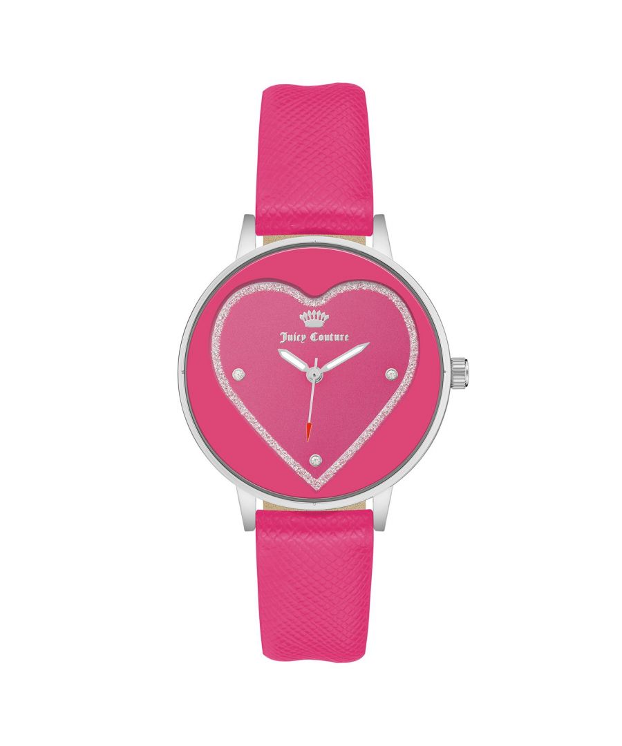Juicy Couture Watch JC/1235SVHP\nGender: Women\nMain color: Silver\nClockwork: Quartz: Battery\nDisplay format: Analog\nWater resistance: 0 ATM\nClosure: Pin Buckle\nFunctions: No Extra Function\nCase color: Silver\nCase material: Metal\nCase width: 38\nCase length: 38\nFacing: Rhine Stone\nWristband color: Pink\nWristband material: Leatherette\nStrap connecting width: 16\nWrist circumference (max.): 20\nShipment includes: Watch box\nStyle: Fashion\nCase height: 8\nGlass: Mineral Glass\nDisplay color: Pink\nPower reserve: No automatic\nbezel: none\nWatches Extra: None