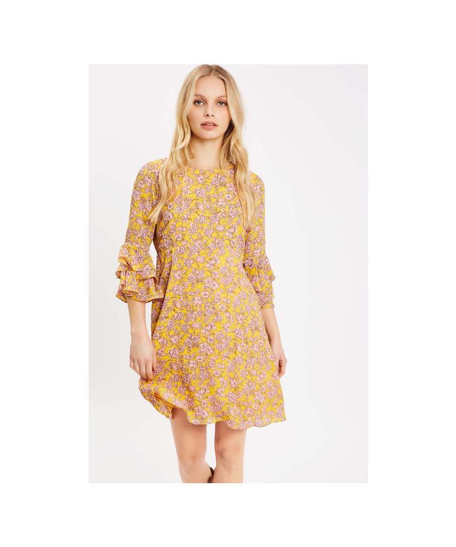 Image for Floral Long Sleeve Printed Mini Dress in Yellow and Pink