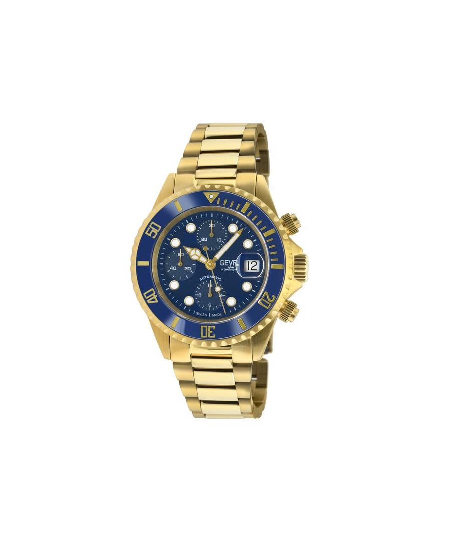 Gevril Men's Wall Street Chrono Blue Dial Blue Ceramic Bezel Stainless Steel Bracelet Watch.\n\nAn accessory to success.\n\nA distinctive, Swiss-made timepiece is always a sound investment. Artfully reminiscent of the famed New York City skyline, each watch in the Gevril Wall Street Collection commands attention with a stainless steel, architectural design.\n\nThe unidirectional rotating bezel frames sapphire-doomed, anti-glare crystal. Detailed to perfection, a magnified lens showcases luminous indices and hands-on a contrasting dial. Form never suffers to function: each watch is water-resistant for up to 200 meters and features a stainless steel bracelet with folding deployment closure.\n\nAvailable in a series of sleek dial colorways, the Wall Street Collection makes a strong statement.\nGevril Men's 4153A Wall Street Chronograph Swiss Automatic Watch\n\nGevril Men's Wall Street Stainless Steel Bracelet Watch\n43 mm Round 316L Stainless Steel Case, Chronograph with 3 sub dials 1/8-seconds counter, 30-minutes counter, 12-hours counter\nUnidirectional rotating Blue Ceramic bezel, Blue Dial, Luminous Hands\nMagnified date window, Screw down crown\nIPYG Bracelet with Deployment Buckle\nAnti-reflective Sapphire Crystal\nWater Resistant to 200 Meters/20 ATM\nSwiss Automatic Chronograph Movement Sellita SW500
