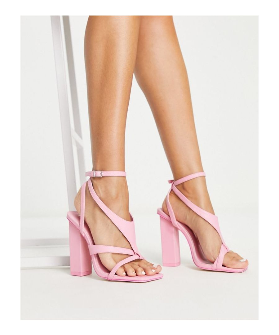 Sandals by Public Desire Hit new heights Adjustable ankle strap Pin-buckle fastening Open, square toe High block heel  Sold By: Asos