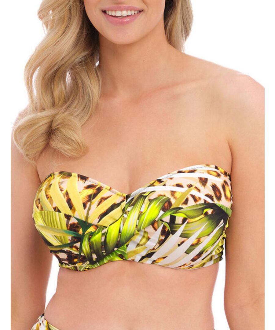 Looking for something chic and stylish to wear to the beach? Look no further than Fantasie's Kabini Oasis Twist Front bandeau bikini top! This trendy bikini top features lightly padded foam cups which provide great support without compromising comfort, as well as a concealed underwire for more added support. The twist front gives you a flattering sweetheart neckline, while the lined wings give you, even more, anchorage and support. Plus, this piece comes with detachable scarf tie straps which can be easily removed for a strapless look. And did we mention that there are matching coordinates available so you can complete your style? Whether you're headed to the pool or out on vacation, Fantasie Kabini Oasis Twist Front Bandeau Bikini Top is perfect for any day spent in the sun - so get yours now!\n\nLightly padded foam cups\nConcealed underwiring\nBack clasp fastening\nBotanical abstract print\nDetachable shoulder straps\nLined wings for support\nBandeau neckline\nMatching coordinates available\nCountry of origin: Sri Lanka\nComposition: 83% Polyamide | 17% Elastane\nListed in UK sizes