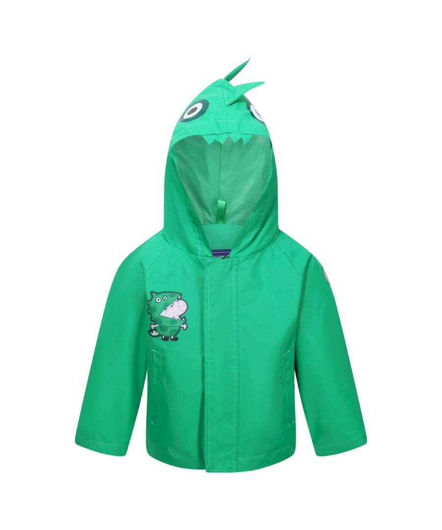Material: 100% Polyester. Fabric: Hydrafort. Design: Badge, Dinosaur. Hanging Loop, Reflective Trim. Fabric Technology: Lightweight, Waterproof. Neckline: Hooded. Sleeve-Type: Long-Sleeved. Hood Features: Grown On Hood. Pockets: 2 Lower Pockets. Fastening: Full Zip, Stormflap. Hem: Shaped. 100% Officially Licensed. Characters: Peppa Pig.