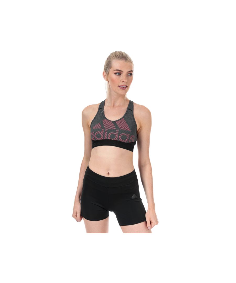 Womens adidas Don’t Rest Alphaskin Badge of Sport Bra in black - heather - real pink.<BR><BR>Ventilating sports bra with medium support.<BR>- climacool helps keep you cool and dry.<BR>- Alphaskin performance fabric wraps around your body like a second skin.  <BR>- Scoop neck.<BR>- Pullover design.<BR>- Breathable mesh back panel.<BR>- Racer back provides freedom of motion.<BR>- Flatlock seams reduce chafing and skin irritation.<BR>- Elastic bottom band with jacquard adidas branding.<BR>- adidas Badge of Sport graphic logo to chest.<BR>- adidas Badge of Sport logo printed at back neck.<BR>- Medium support.<BR>- Compression fit.<BR>- Front body: 50% Polyester  33% Recycled polyester  17% Elastane.  Back body: 80% Recycled polyester  20% Elastane.  Machine washable.<BR>- Ref: FH8065