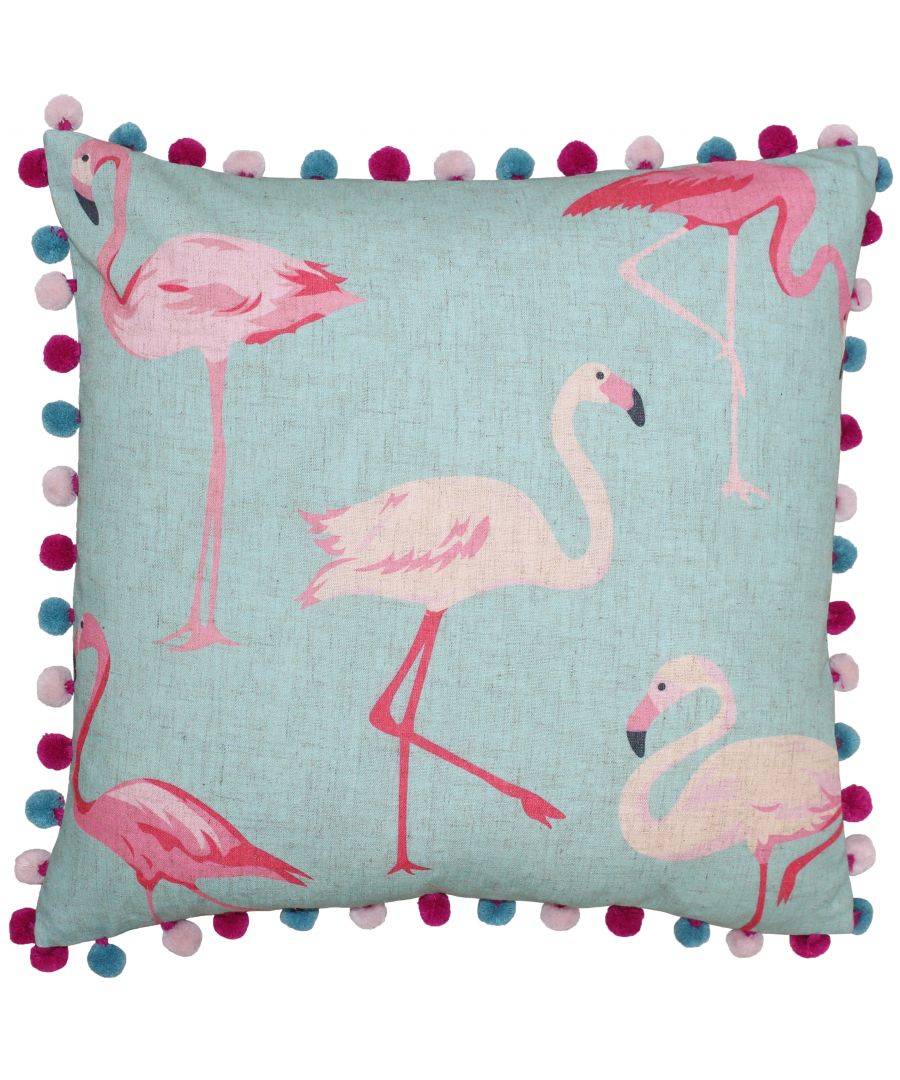 The Paoletti Flamingo Polyester Filled Cushion is a delightfully playful addition to any home. Features a pastel colourway of blues and pinks it'll brighten and lift your room while transporting you to a palm shaded lagoon. A gorgeous flamingo design is printed on linen giving this Polyester Filled Cushion a uniquely rustic vibe. Complete with multicoloured pompom edges in baby pink, blue and hot pink simply adds to the cushions whimsical nature. With a hidden zip fastening and mainly polyester construction this cushion is hard-wearing. Dry clean only to keep this cushion looking as fab as the day you bought it. Pair with other novelty cushions to really bring a summery atmosphere to your home.