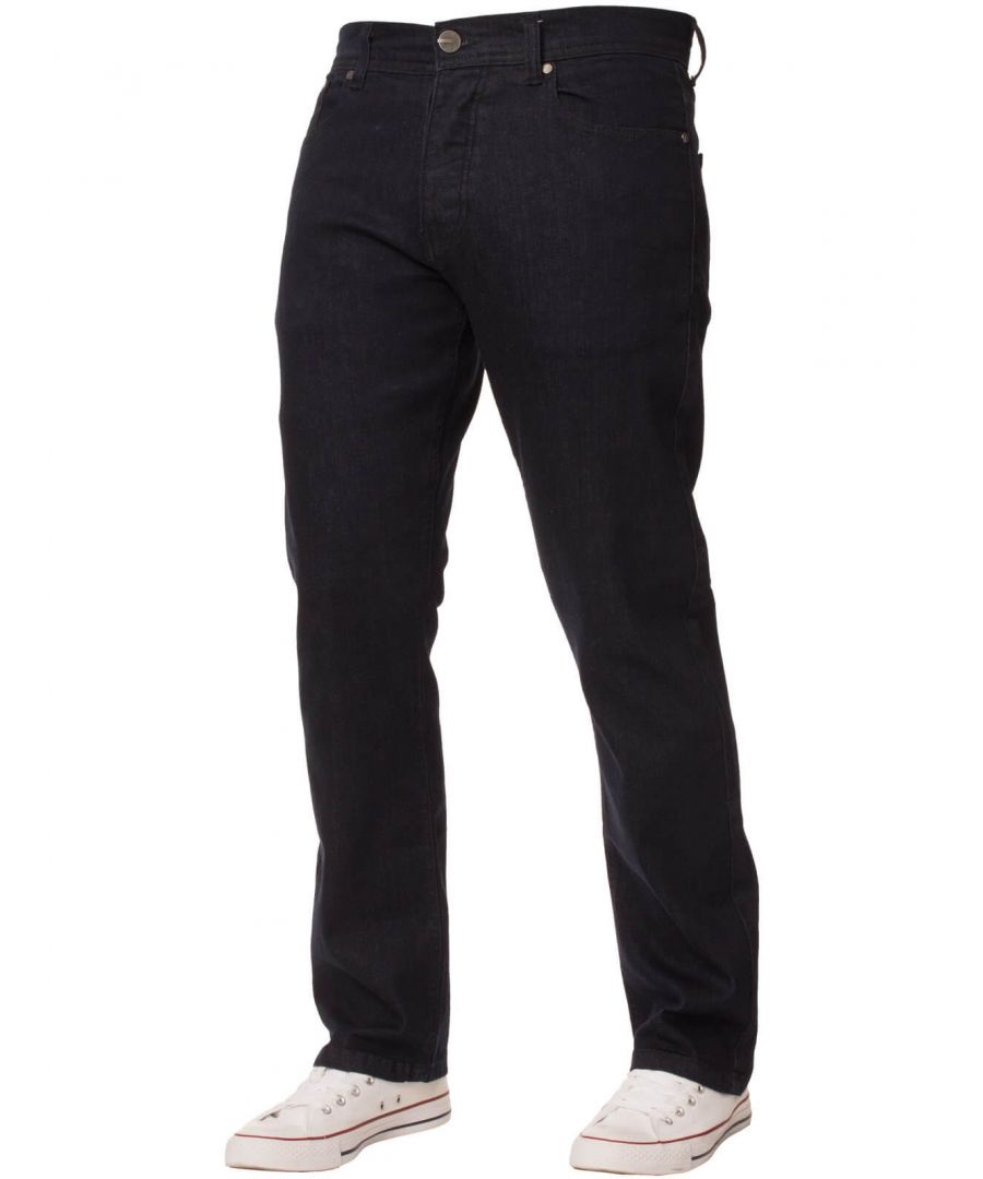 No man's wardrobe is complete without a versatile pair of regular light blue straight fit jeans. This evergreen classic by Enzo is tailored in a hard wearing dark blue cotton stretch blend and features 5 pockets with a coin pocket and a button fly while branded button and rivets and a branded PU waist label add a designer touch. With sizes up to 48 waist available at the online fashion website, theres a pair to suit everyone.