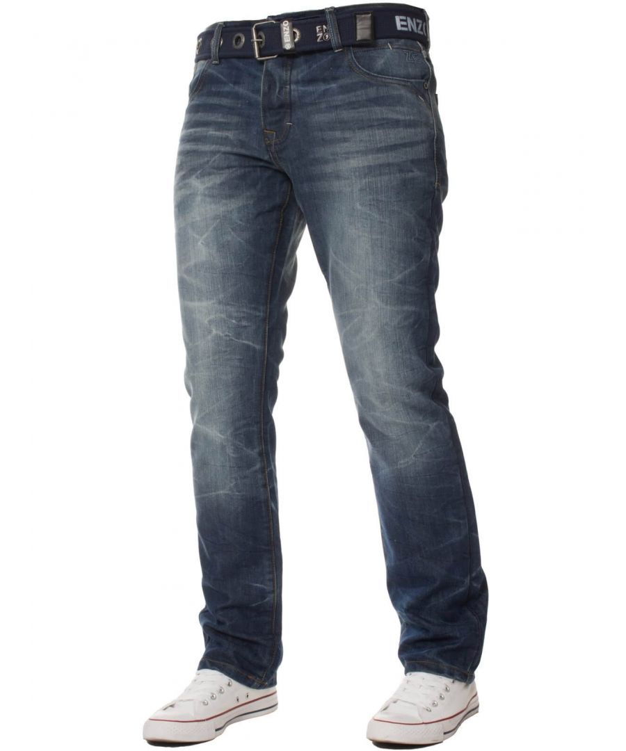 Crafted from hardwearing denim in a goes-with-everything dark stonewash blue, these mens jeans are a real wardrobe staple. These regular cut men's jeans sit low on the hip and are the same width all the way through the leg. Featuring zip fly, belt loops and embroidered Enzo jeans logo on the back pocket. Straight leg jeans are a classic style that suits almost everybody and with a range of three different leg lengths and waist sizes from 28 up to 60, theres a pair waiting for you.\nAlso available in Light stonewash.