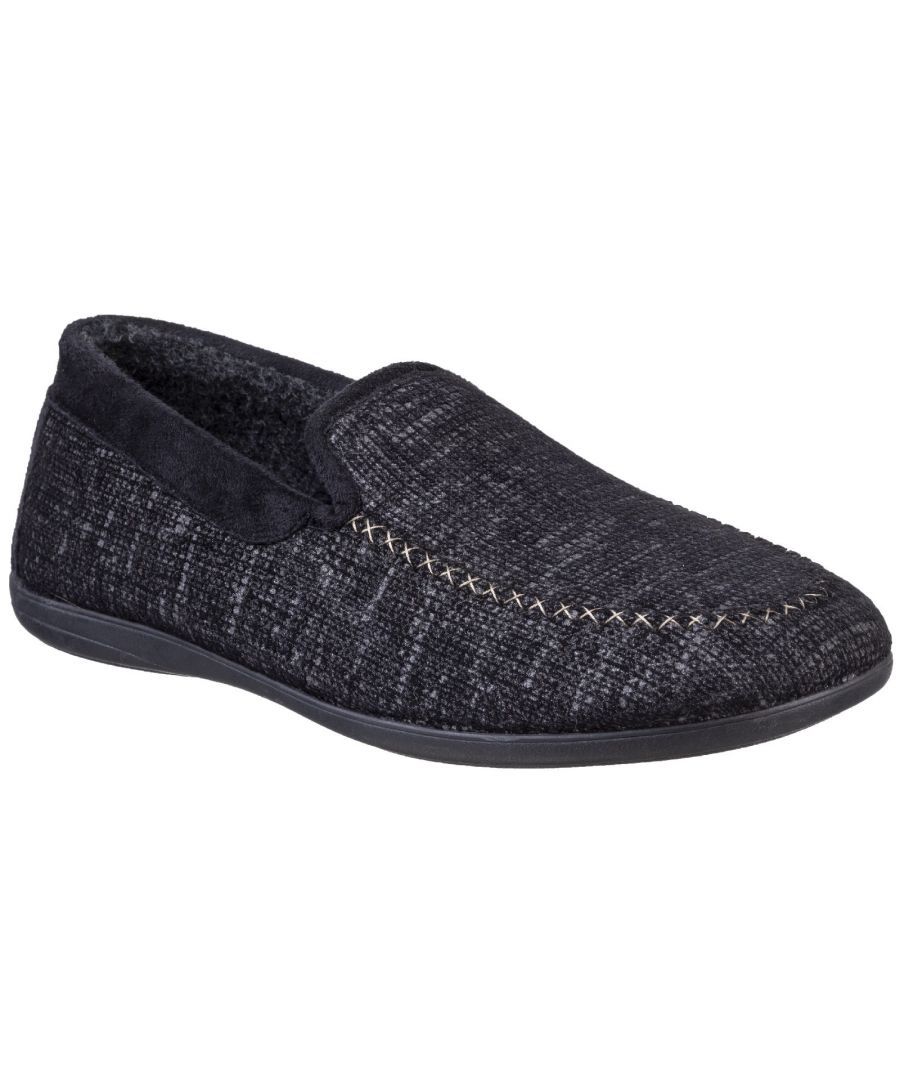 Inspired by the cosy wintry nights in Cotswold cottages, comes this luxurious mens loafer slipper with subtle contrast stitch moc toe. An understated chequer tint adorns the upper whilst tonal overlays add countryside style.Mens slip-on closed-back loafer slipper. \nSubtle moccasin toe with contrast stitching accents. \nLuxurious chequer tinted smooth microfibre upper. \nTonal colour block faux suede collar and back panel. \nCosy microfibre faux wool felt lining and foot bed.