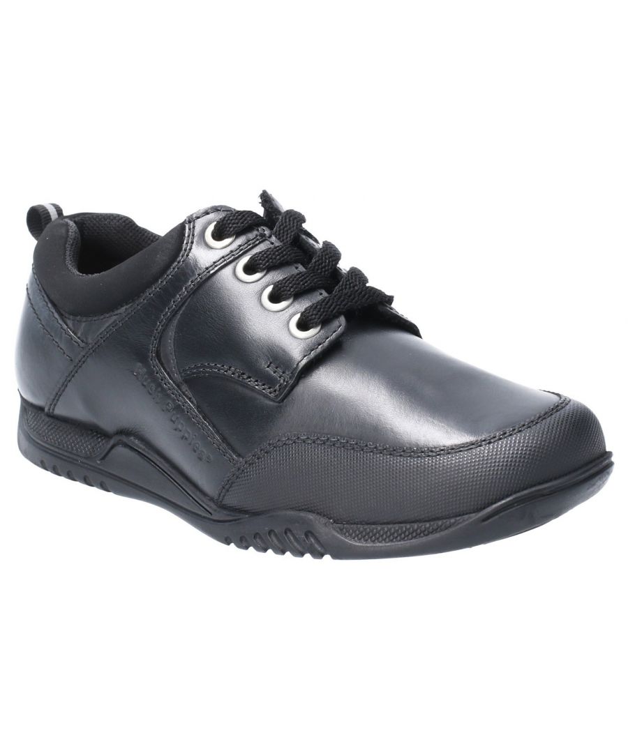 Dexter; boys lace up back to school shoe from Hush Puppies crafted with leather and a padded collar for comfort. Unique set of precisely calibrated footbeds for each shoe - LEFT FIT RIGHT FIT - for a comfortable, customised fit with rear pull loop Fit Left Fit Right - Unique fitting system allows for 5 different width fittings for each individual foot. Every pair of shoes comes with 3 pairs of footbeds Toe scuff protector Padded collar Leather