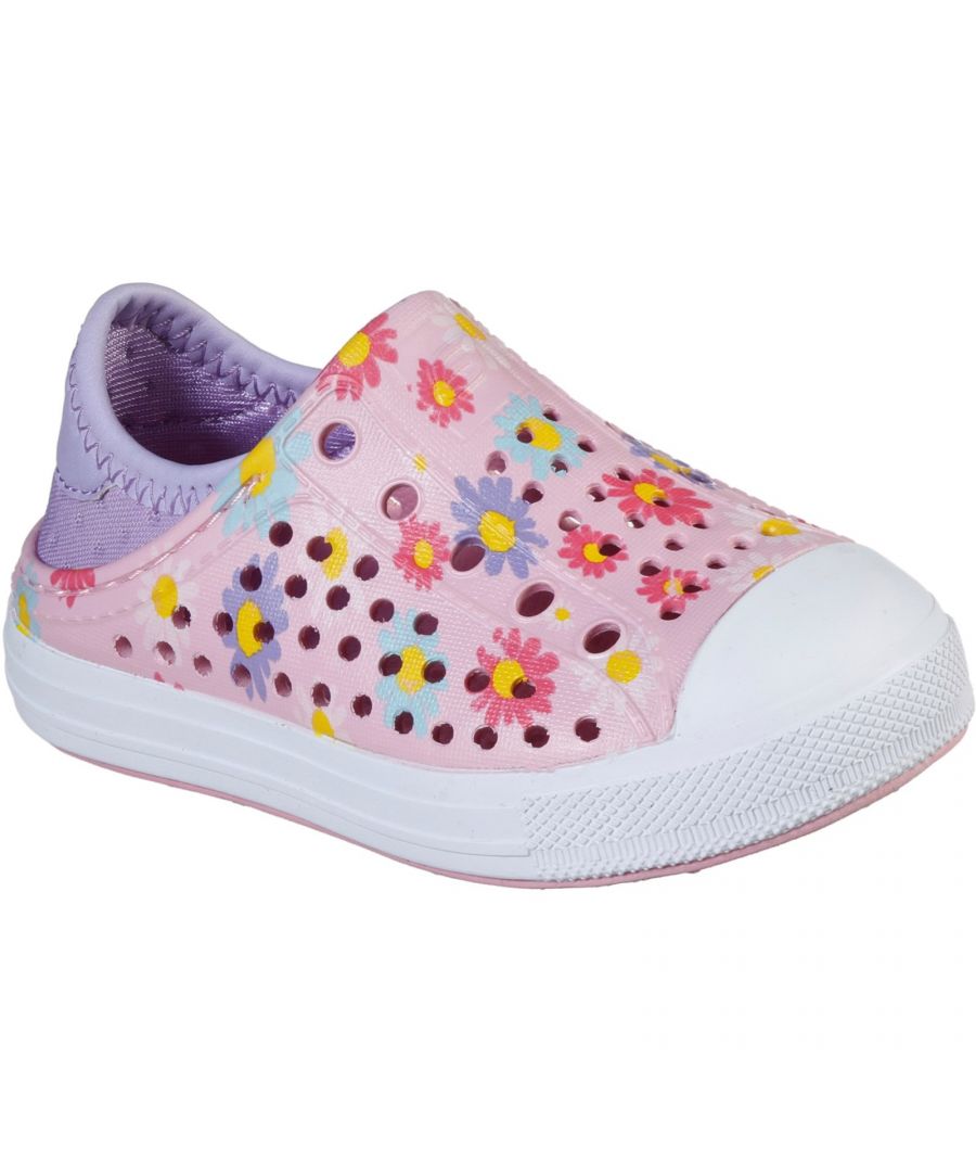 Keep her warm weather style fresh and pretty with the Hello Daisy shoe. EVA upper in a slip on casual sneaker with all over daisy floral print, sculpted detail and cooling perforations. Flexible soft neoprene collar for added comfort.Super lightweight, easy care EVA upper. \nAll over printed colourful daisy floral designs. \nSculpted detailing on front and sides. \nAll over perforation detail for a cooling effect. \nSoft neoprene fabric heel and collar panel for added flexible comfort and stay-put fit.