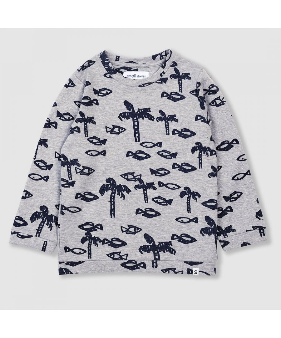 Classic crew neck sweatshirt in grey melange featuring our all over painted navy fish & palm tree print. In a soft cotton mix with comfy brushed fleece interior. Designed to be unisex.